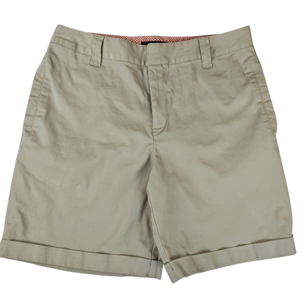Relativity Womens Khaki Chino Shorts Size 12 Tan Cuffed‎ Cotton Stretch Mid Rise